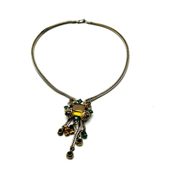 1940s Austrian Crystal Y Necklace Herringbone Chain — Miriam Haskell Style — EUC - Picture 5 of 10